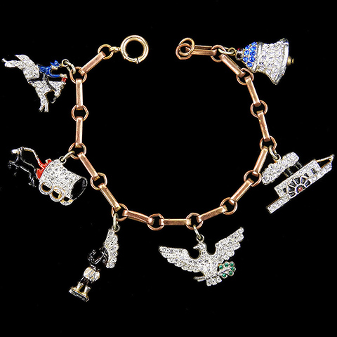 Albert Mfg 'Lester Gaba' 'Yankee Doodlers' US Patriotic Paul Revere, Conestoga Wagon, Cigar Store Indian, American Eagle, Mississippi Steamboat and Liberty Bell Charm Bracelet