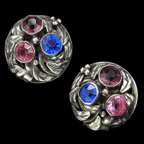 Hobe Sterling Leaves with Amethyst Pink Topaz and Sapphire Highlights Clip Earrings