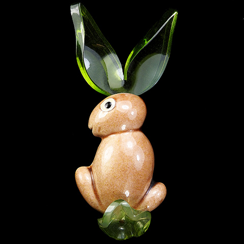 Elzac 'Funny Bunny' Ceramic Rabbit with Jellybelly Green Lucite Ears Pin