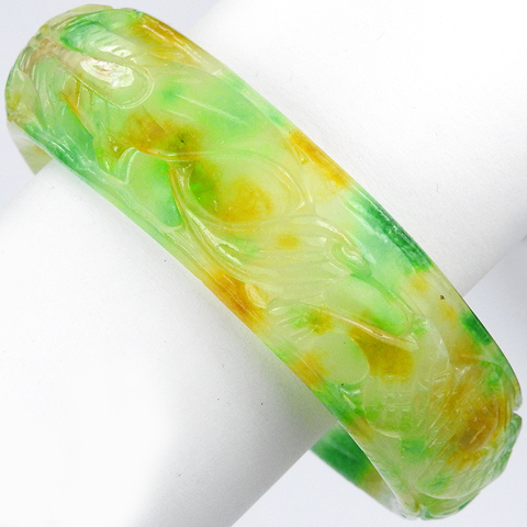 Deco Green and Orange Mottled Translucent Jade Carved Circular Bangle Bracelet