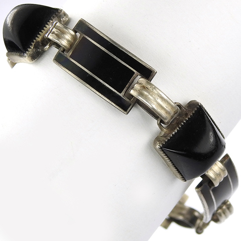 Deco Sterling Sugarloaf Cut Onyx Pyramids and Black Enamel Links Bracelet