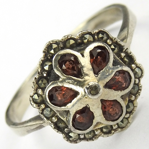 Deco Sterling Garnet and Marcasite Hexagonal Finger Ring