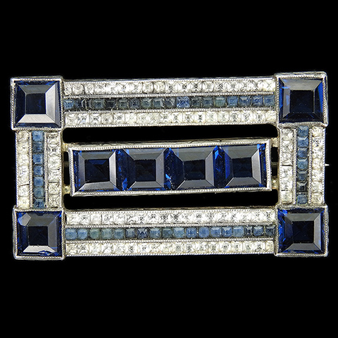 Deco Sterling Pave Invisibly Set and Pyramid Cut Sapphires Openwork Rectangular Bar Pin