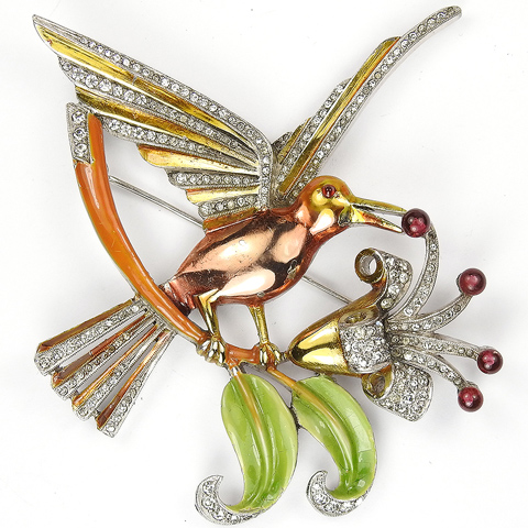 Dujay Gold Pave and Enamel Perching Bird on a  Branch Eating a Ruby Cabochon Berry Pin