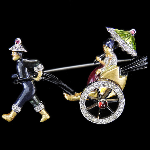 DuJay Pave and Enamel Lady with Parasol in Rickshaw Pulled by a Man in a Chinese Hat Pin