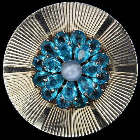 Dujay Sterling Aquamarine and Moonstone Cabochon Sunburst Pin