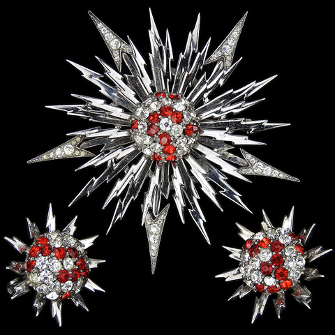 Pennino Sterling Ruby and Diamante Cluster Atom Bomb Pin and Clip Earrings Set