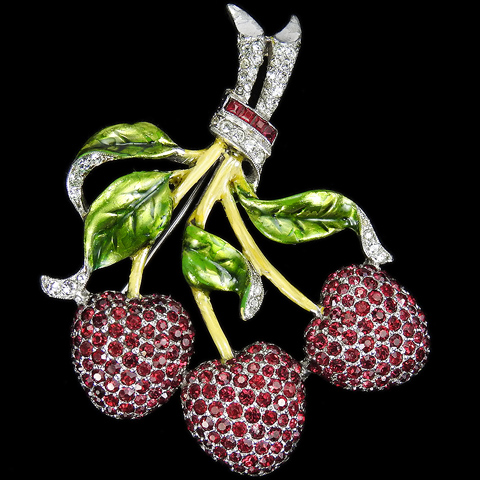 Dujay Pave Invisibly Set Rubies and Metallic Enamel Three Strawberries Pin