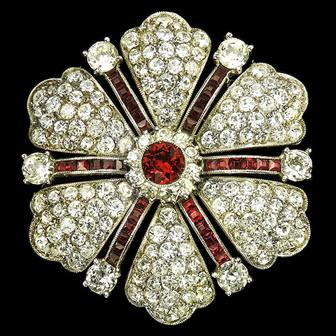 Dujay Pave and Invisibly Set Rubies Six Petalled Hexagonal Flower Pin