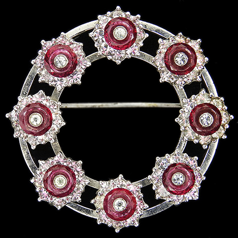 Dujay Sterling Circle of Spangled Ruby Shoebutton Fruit Salad Berries Flower Garland Pin