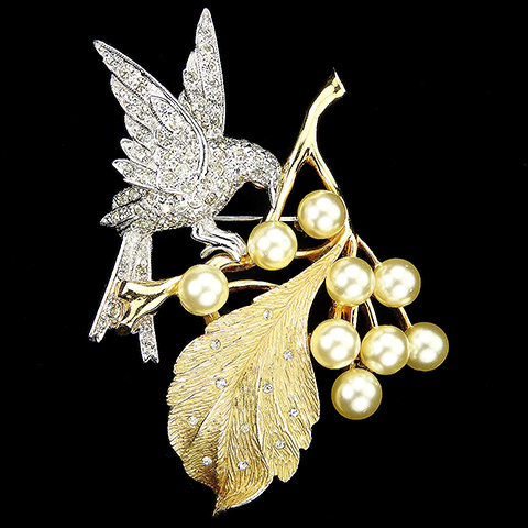 Pennino Gold and Pave Bird on Branch and Spangled Leaf Eating Pearl Fruits Pin