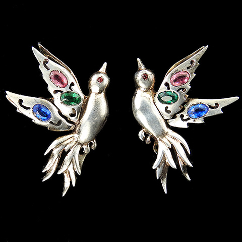 Dujay Sterling Double Winged Silver Scrolls and Gold Openwork Multicolour Stones Bird of Paradise Screwback Earrings