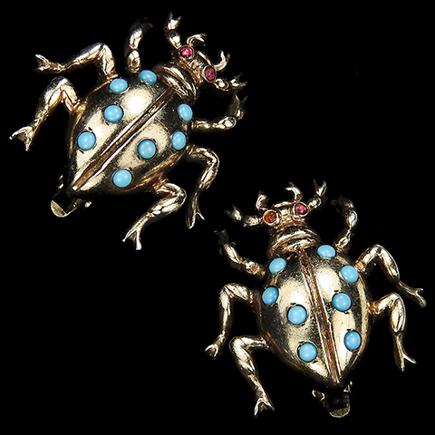 Dujay Sterling Gold Ruby and Turquoise Cabochons Ladybug Clip Earrings