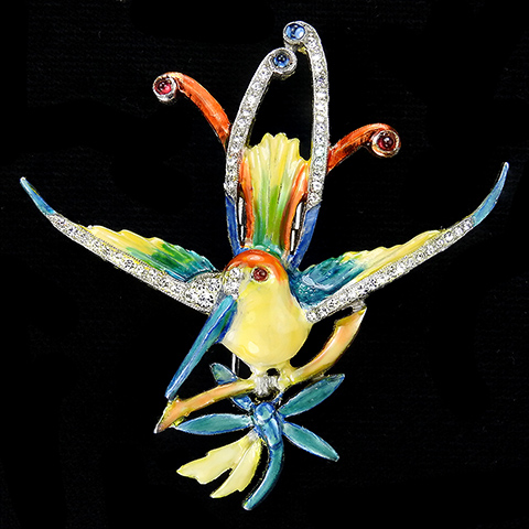 Dujay Pave and Metallic Enamel Lyre Bird of Paradise and Dragonfly on a Branch Pin Clip