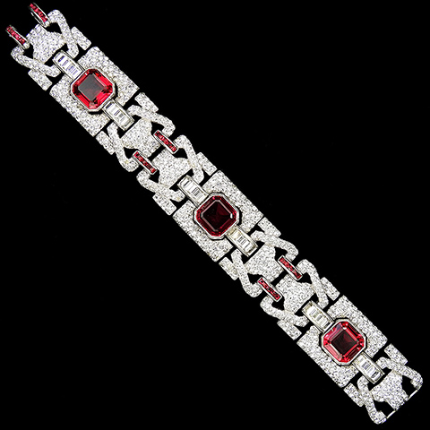 Dujay Pave Baguettes and Invisibly Set and Octagon Cut Rubies Deco Nine Link Bracelet