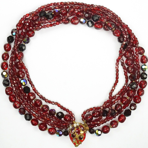 DeMario Red Poured Glass and Aurora Borealis Beads Six Stranded Necklace