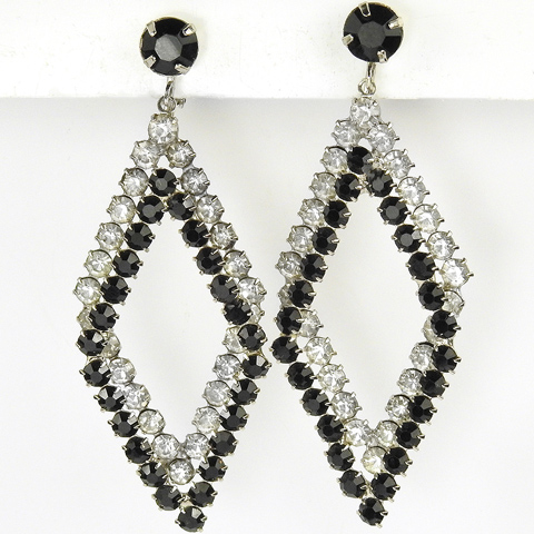 Hattie Carnegie (unsigned) Onyx and Diamante Double Diamonds Pendant Clip Earrings