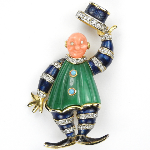 Hattie Carnegie Coral and Jade Clown Raising his Hat Pin