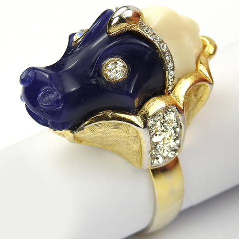 Hattie Carnegie Lapis and Ivory Seahorse or Dragon's Head Finger Ring