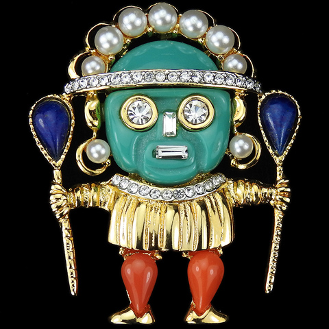 Kenneth Lane Gold Jade Lapis and Coral Aztec Warrior 'Tiki' or Medicine Man Pin