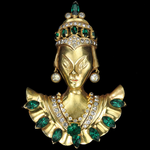 Hattie Carnegie Gold Pave and Emeralds Asian Empress or Oriental Princess Pin Clip