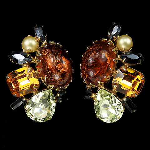 Hattie Carnegie Citrine Topaz Amber Onyx and Pearl Gemset Clip Earrings 