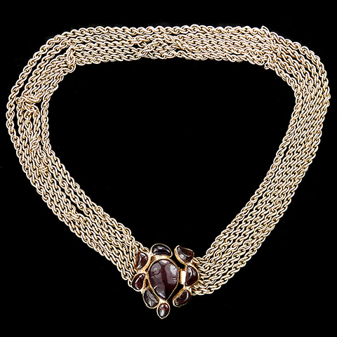 Hattie Carnegie Five Gold Chains and Ruby Poured Glass Necklace