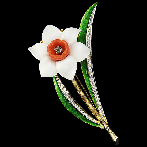 Hattie Carnegie Faux Ivory and Coral Metallic Enamel Flower Pin