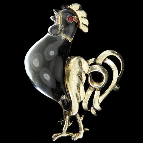 Elzac Sterling 'Chanticleer' Gold and Ruby Cabochon Jelly Belly Rooster Pin