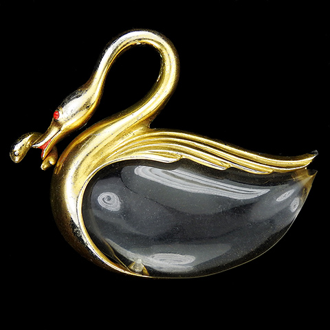 Gold Jelly Belly Swan Eating a Fish Bird Pin