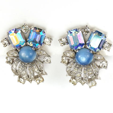 Jomaz Pave Leaves Blue Moonstone and Aurora Borealis Floral Clip Earrings