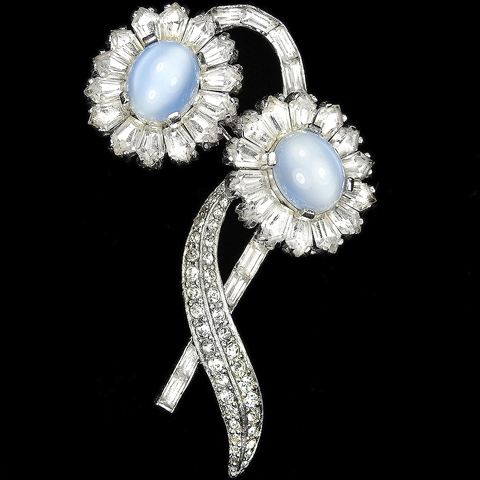 Jomaz Pave Kite Shaped Diamante Baguettes and Blue Moonstones Double Flower Spray Pin