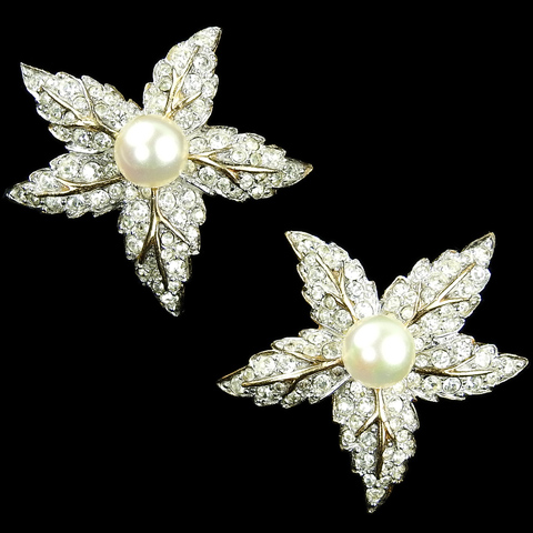 Jomaz Gold Pave and Pearls Five Pointed Star Leaf Clip Earrings