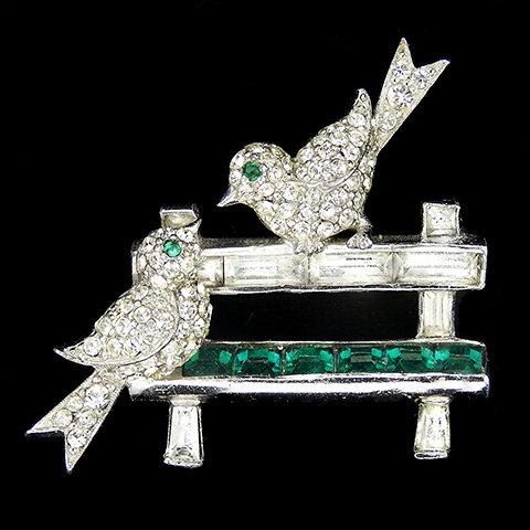 Jomaz Pave Love Birds on an Invisibly Set Emerald Park Bench Pin