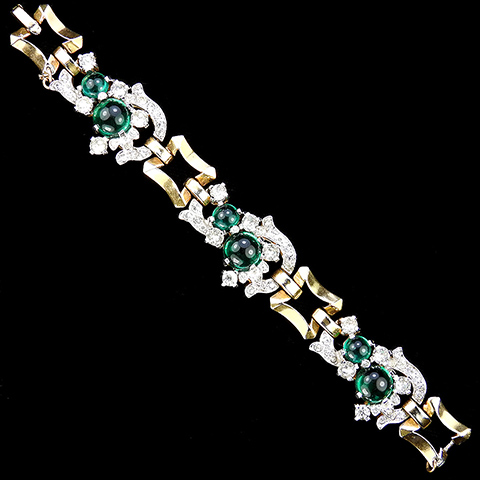 Mazer Gold Pave Swirls and Emerald Cabochons Link Bracelet