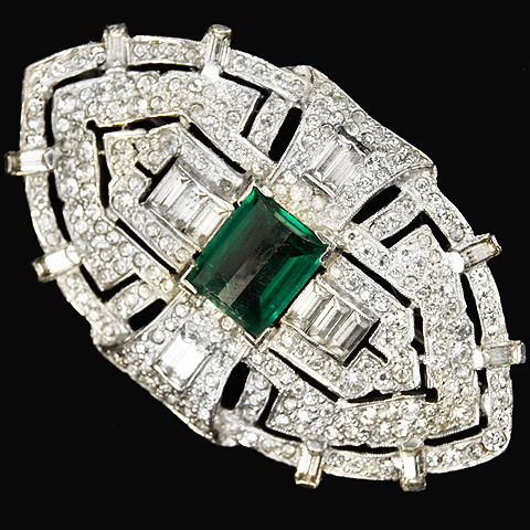 Mazer Multifaceted Emerald, Pave and Baguettes Deco Shield Pin