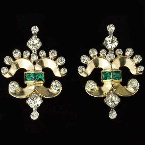 Mazer Sterling Gold and Emerald Fleur de Lys Clip Earrings