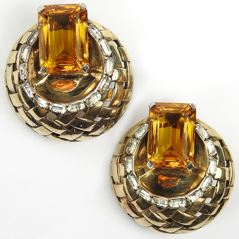 Mazer Sterling Pair of Topaz and Golden Basketweave Hemisphere Pins