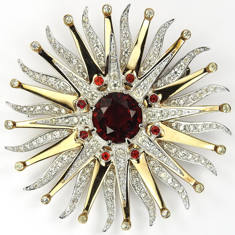 Mazer Gold Pave and Ruby Circular Sunburst Pin
