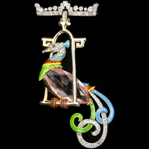 Mazer Pale Pink Topaz Pave and Enamel Bird of Paradise on Pendant Golden Swing Perch Pin