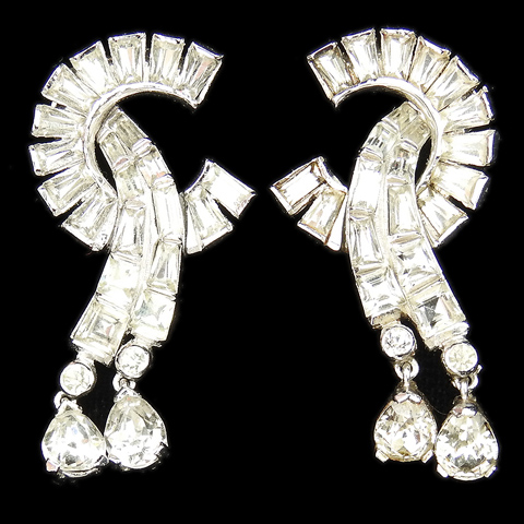 Mazer 'Baguettelle' Pave Baguettes Swirl and Double Pendant Navettes Clip Earrings