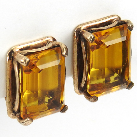 Mazer Sterling Oblong Cut Citrine Deco Style Clip Earrings