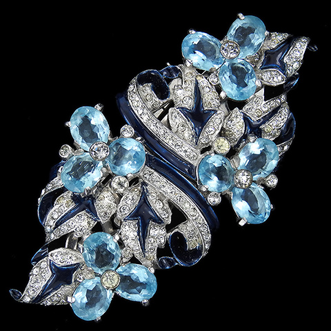 Mazer Pave Blue Enamel and Aquamarines Trillium Flowers Floral Spray Dress Clips Duette