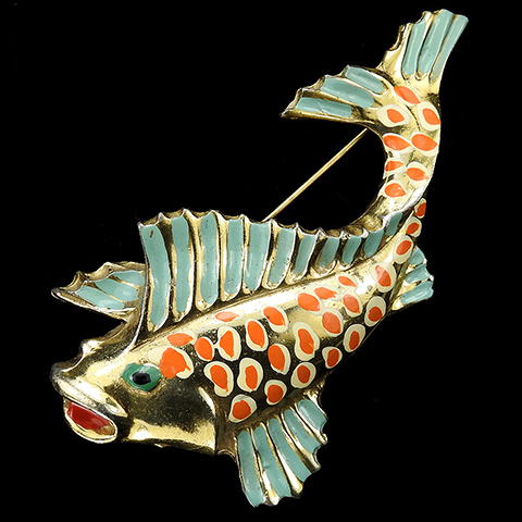 Gold and Enamel Leaping Fish Pin