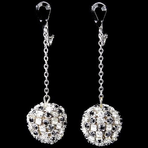 Onyx Teardrop and Pave and Onyx Disco Ball Spheres Pendant Clip Earrings