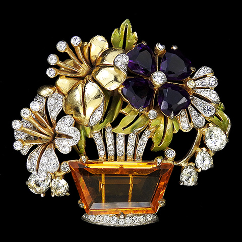 DeRosa Gold Metallic Enamel Heart Shaped Amethysts and Rhombus Citrine Crystal Flower Basket Pin Clip
