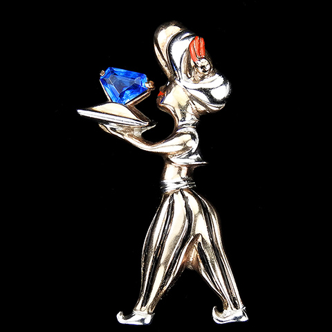 Sterling Genie in a Turban offering a Pentagon Cut Sapphire Magic Lamp Pin