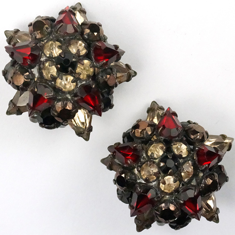 Schreiner Citrine Ruby and Aurora Stars on Stars Clip Earrings