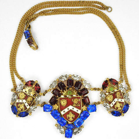 Sandor Gold Sapphire Ruby and Enamel Regimental Crest (US Army Third Field Artillery Regiment) Necklace