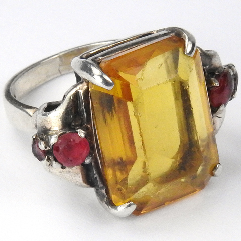 Ciner Sterling Citrine Crystal and Rubies Finger Ring